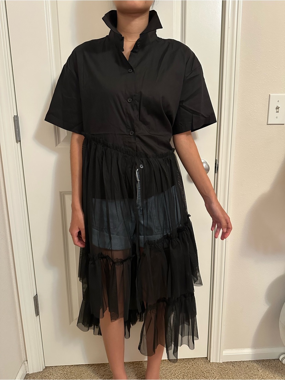 Black Short-Sleeve Sheer Layered Midi Dress